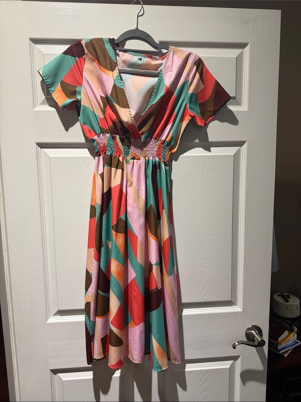 Colorblock Geometric V-Neck Midi Dress - Multicolor